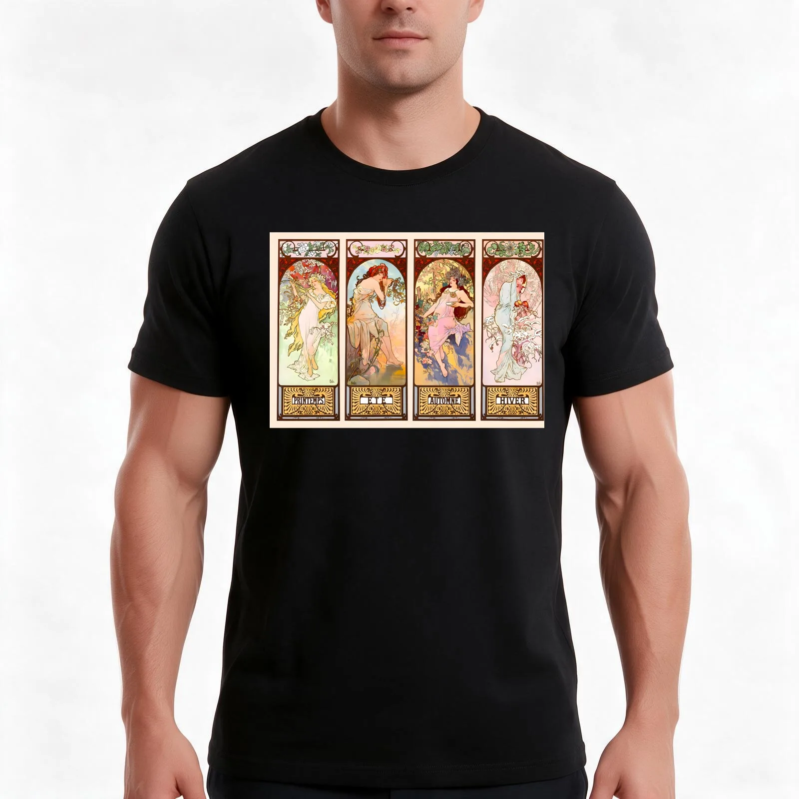 Alfons Mucha - The Seasons (series) T-Shirt Summer Casual Cotton Tee Oversized Streetwear Tops Vintage Graphic Print