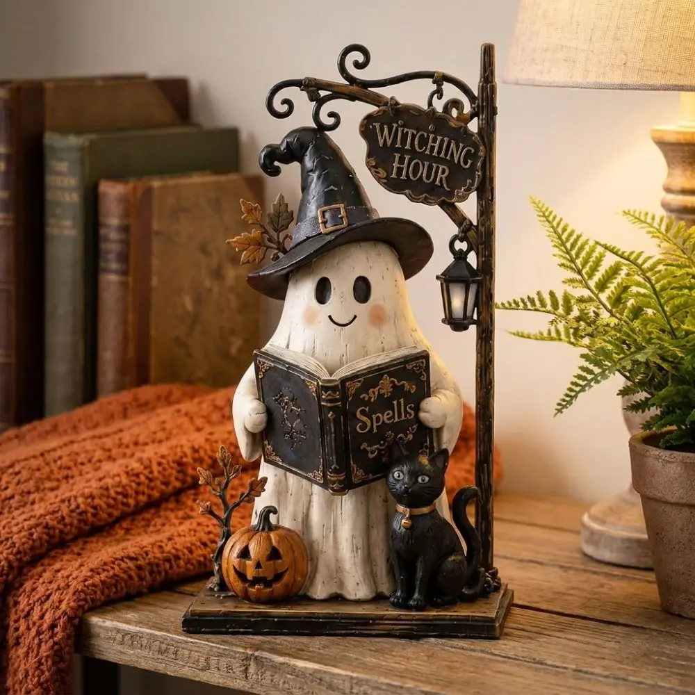 2D Flat Halloween Pumpkin Ghost Figurine Spooky Witch Hat Halloween Wooden Sign Vintage Fall Craft Stacked Pumpkin Cart Ornament