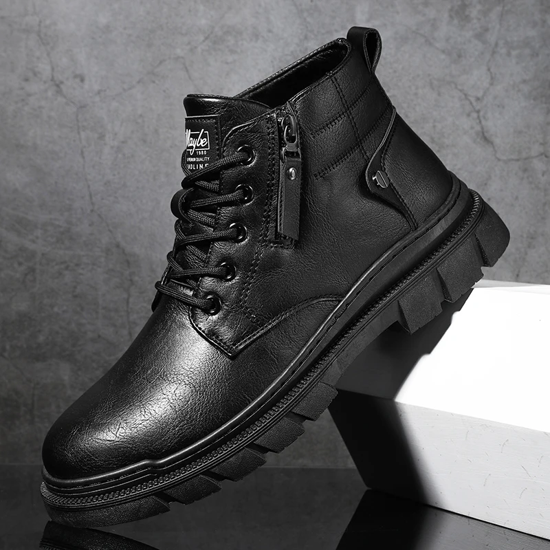 Men Retro Work Ankle Boots Autumn Winter Thick Bottom High Top Casual Boots Leather Boots Chelsea Desert Waterproof Boots Male
