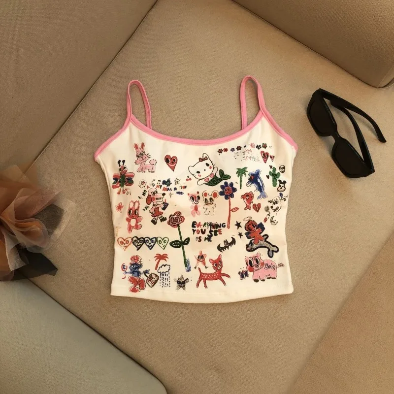 Hellokitty Cartoon Anime Stampa Cool Cute Canotta Spaghetti - Canotta con cinturino Canottiera Gilet stile fionda da donna con protezioni per il petto