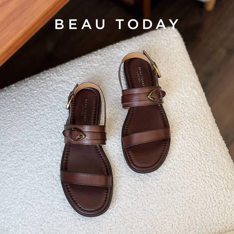 Genuine Leather Slingback Flat Sandals with Metal Buckle