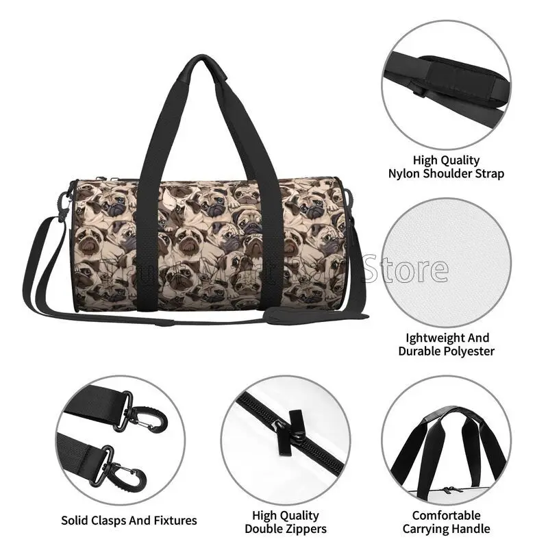 Bolsa de viaje redonda con diseño de perros Pug, bolsas grandes de hombro duraderas, bolsa deportiva para gimnasio, Yoga, bolsas de Fitness al aire libre impermeables