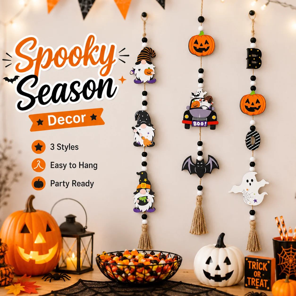 1pc Halloween Wooden Bead Hanging Sign 3 Styles Gnome Pumpkin Car Ghost Boo Letter Tassel Wall Door Decor Farmhouse Spooky Cute Home Party Ornament