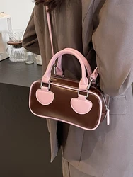 New Fashion Women's Handbags Korean Ins Contrast Bowling Shoulder Bag High Quality Texture Leather Crossbody Bags Trend