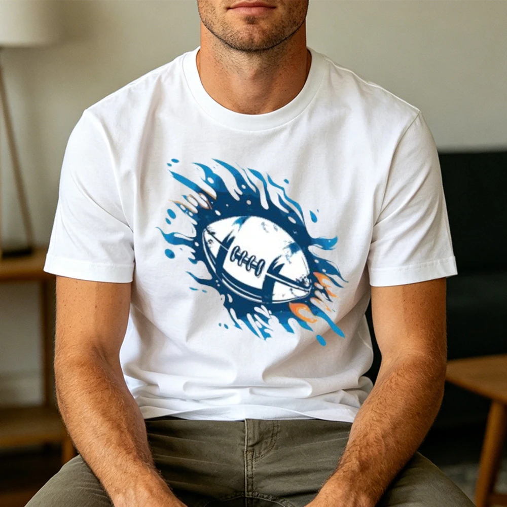 Football Fire Splash Sport Ball Graphic Print Men Tee Round Neck Short Sleeve T Shirt Gym Fitness Workout Clothes