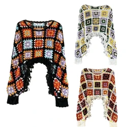 Women Batwing Puff Long Sleeve Tassels Hem Pullover Crop Top Colorblock Hollow Out Crochet Knit Loose Sweater Cover Up
