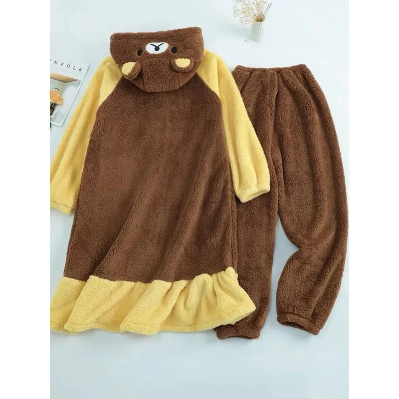 Cute Rilakkuma Pajama SetWinter Warm Fleece Hooded Pajamas Cartoon Plush Women\'s Loungewear Stylish Thickened Couple\'s Pajamas