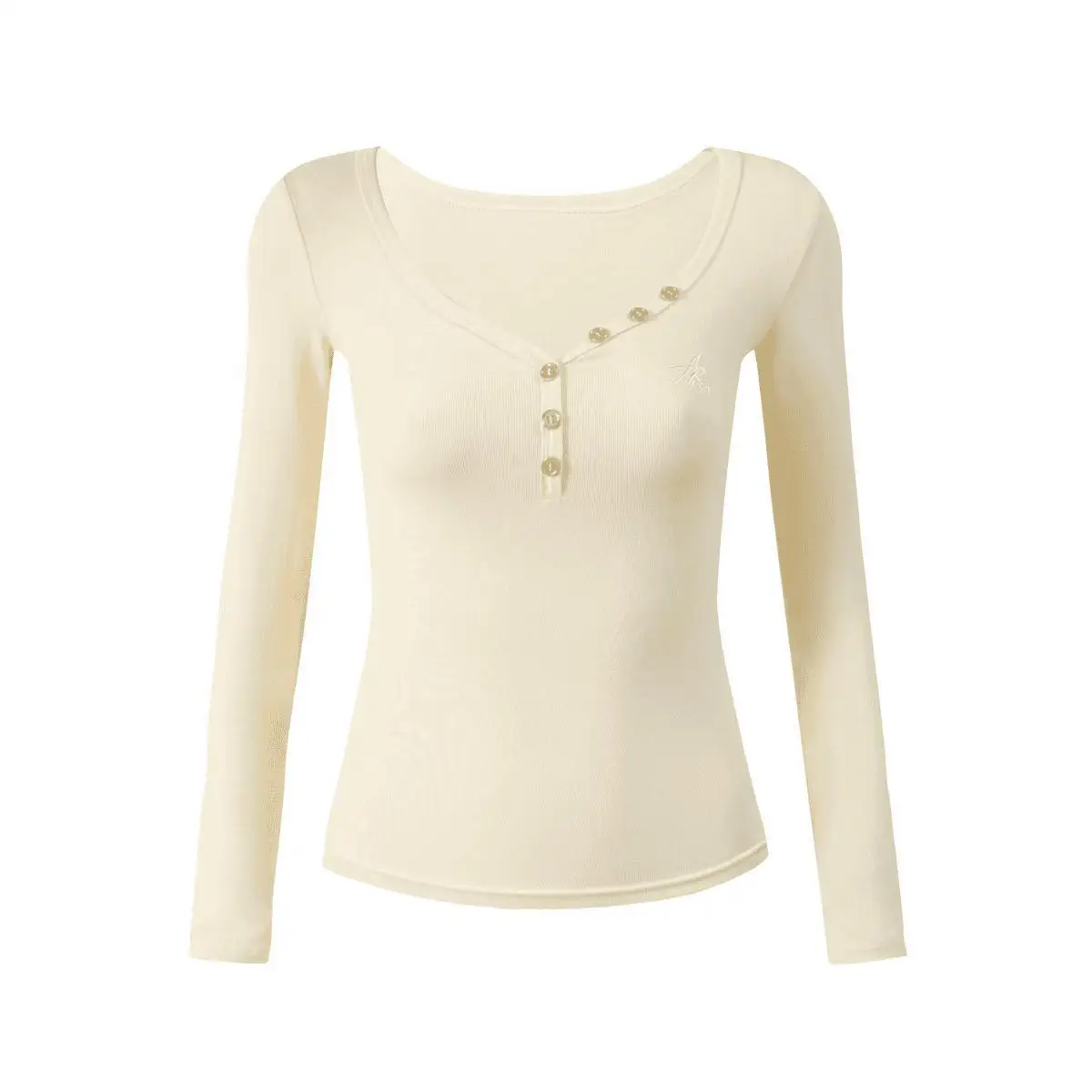 Damenkleidung Herbst-Outfit V-Ausschnitt Basic-Shirt Langarm Einfarbiges T-Shirt Mädchen Studentin Knopfdesign Elegantes Damen Slim Fit Top – Detail 2