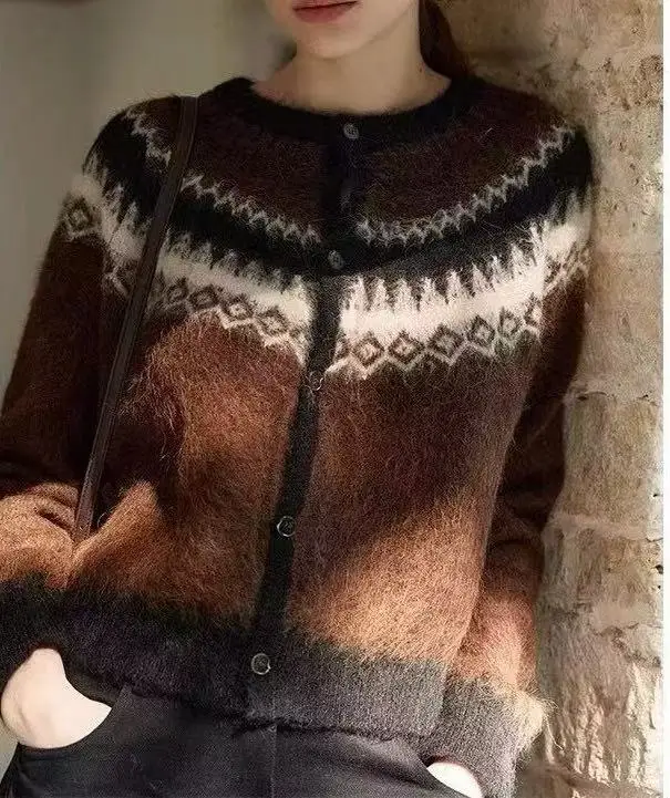 Button Up Fair Isle Pullover Strickjacke Weiche Strickpullover Jacke Geometrischer Druck Gemütliche Strickwaren Teen-Mädchen Herbst Winter Vintage Outfit