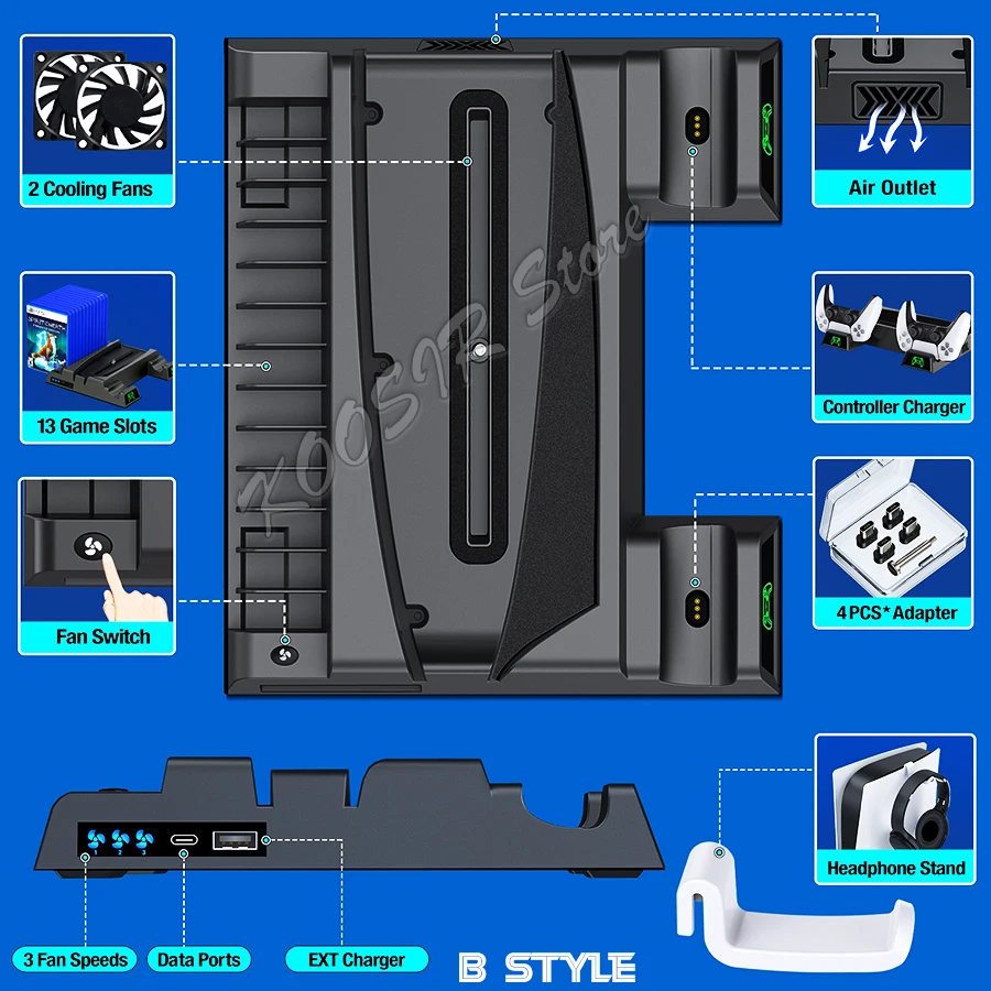 Untuk PlayStation 5 PS5 Disc & konsol Digital dudukan pendingin Radiator Play Station PS 5 Headset Holder 2 pengontrol Charger 2 kipas
