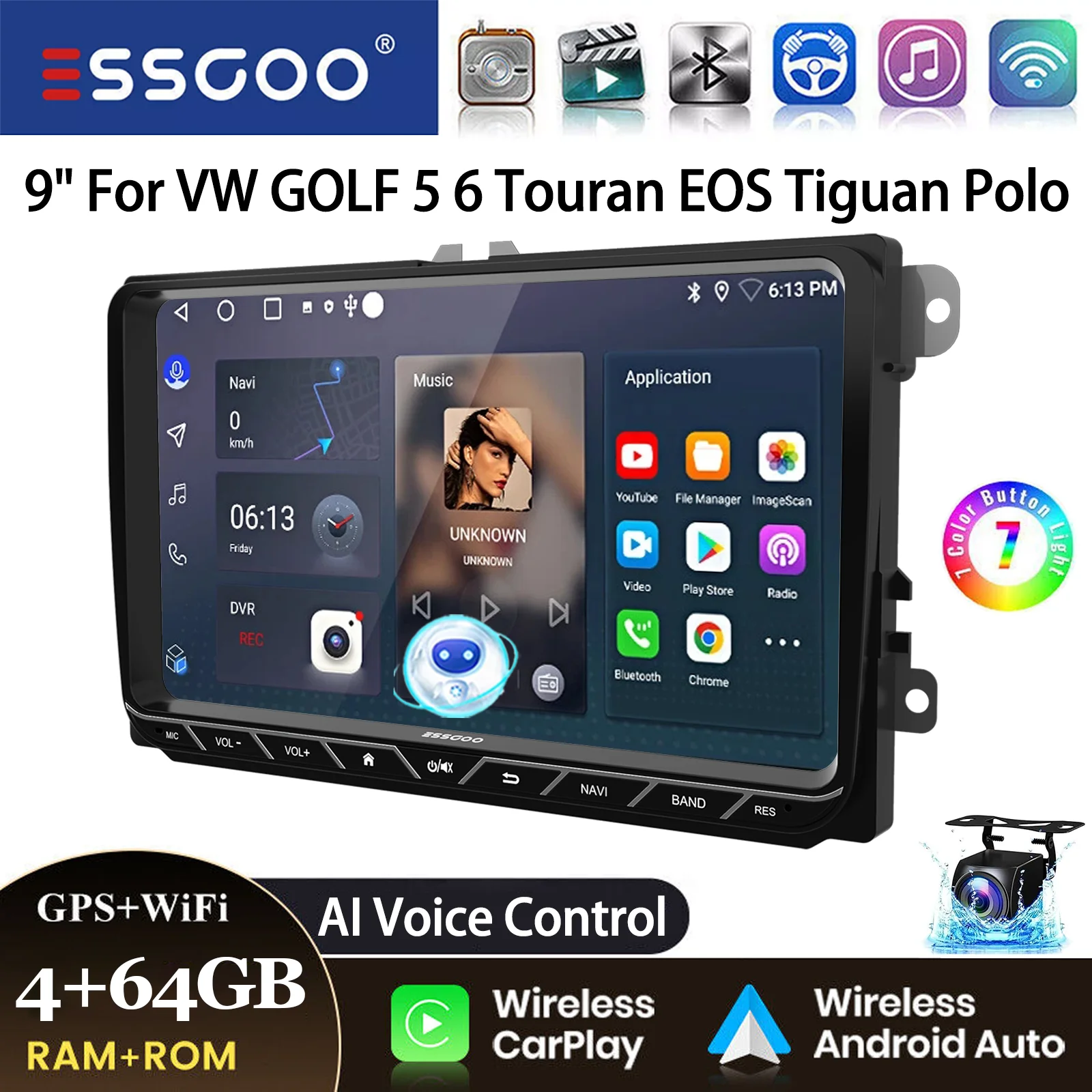 ESSGOO Android 14 Autoradio 9" 4+64GB CarPlay voor VW Golf 5 6 Passat B6 B7 Polo 6R Touran Tiguan Caddy EOS Jetta T5 Seat Skoda GPS Navigatie WIFI FM Bluetooth RDS Touchscreen Mirror Link - afbeelding 1