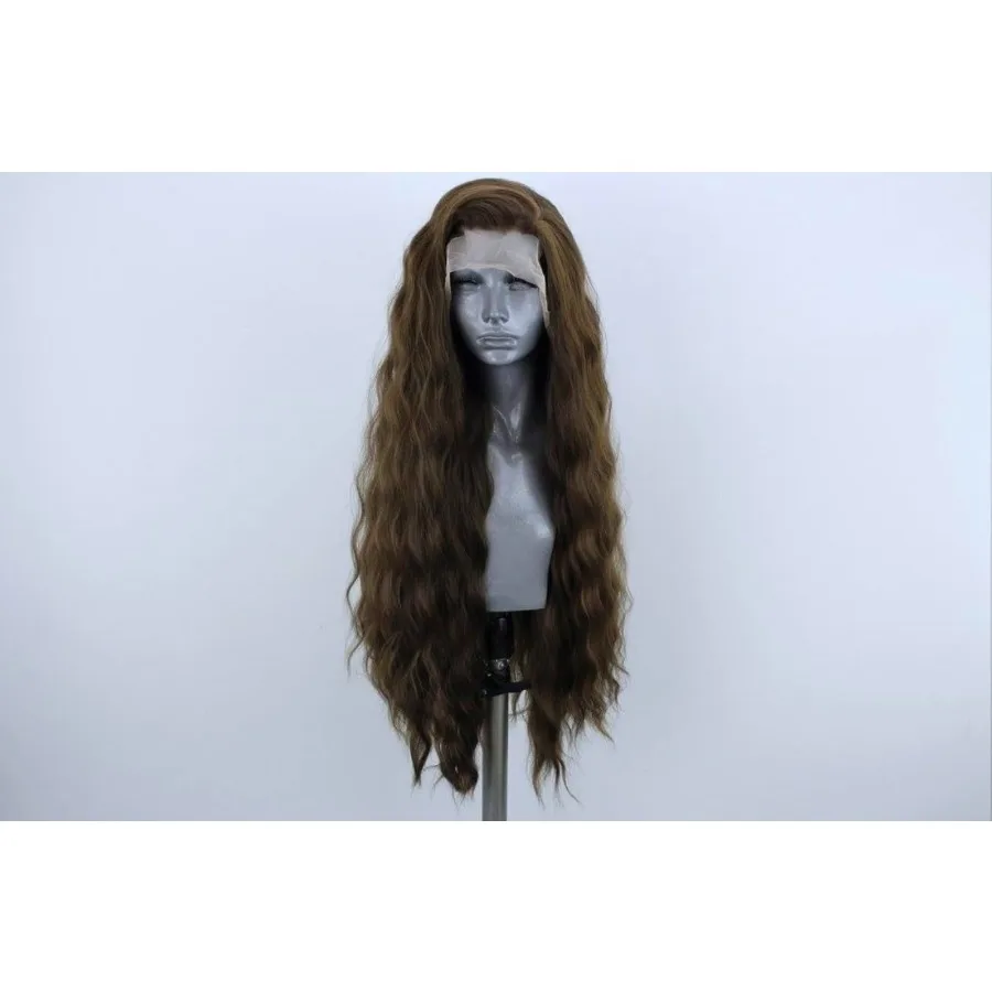 Hellbraune, lange, gewellte Haare, synthetische Lace-Front-Perücken für Frauen, lockere, gewellte, freie Teil, leimlose Spitzenperücke, braune, hitzebeständige Faser