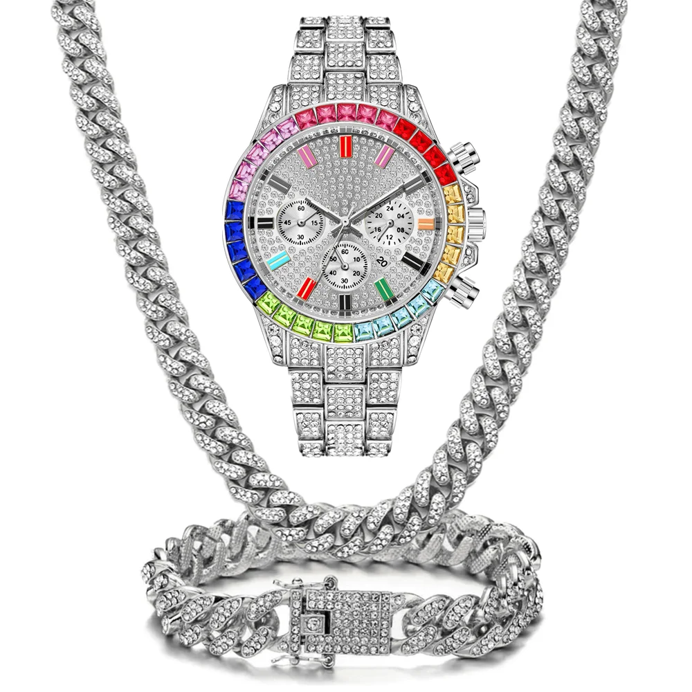 Luxury Unisex Jewelry Set Bling Icedout Cuban Necklace Watch Bracelet For Man Street Style Bar Club Rap Holiday Gifts Daily Wear