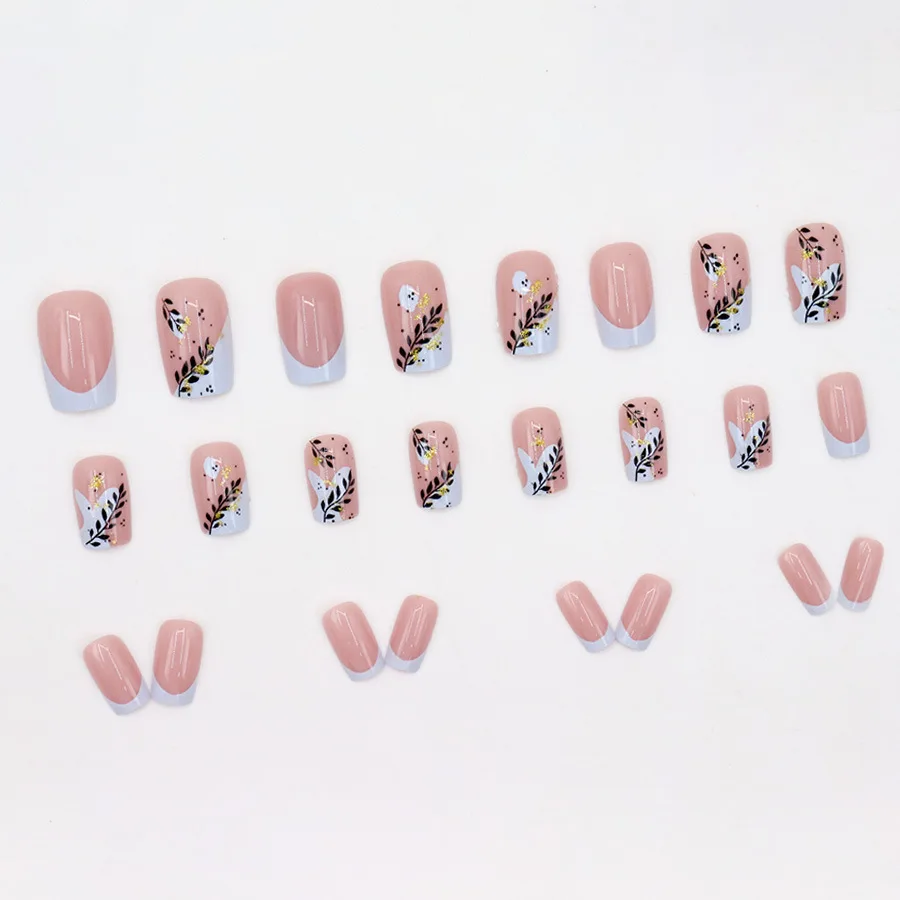 24pcs French Gold Sparkling Powder Press on Nails Black Leaves Simple Short Nails Full Cover Wearable False Nails