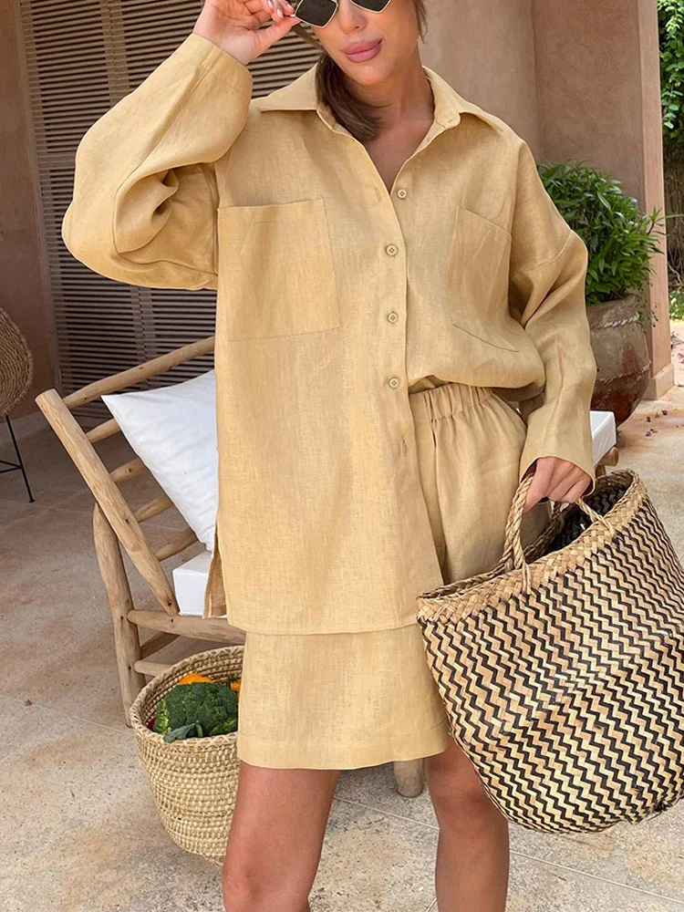 Black Women\'s Summer Suit Shirt and Shorts Loose Cotton Linen Suit Long Sleeve Top Oversize Two-piece Set for Women Outfits 2024