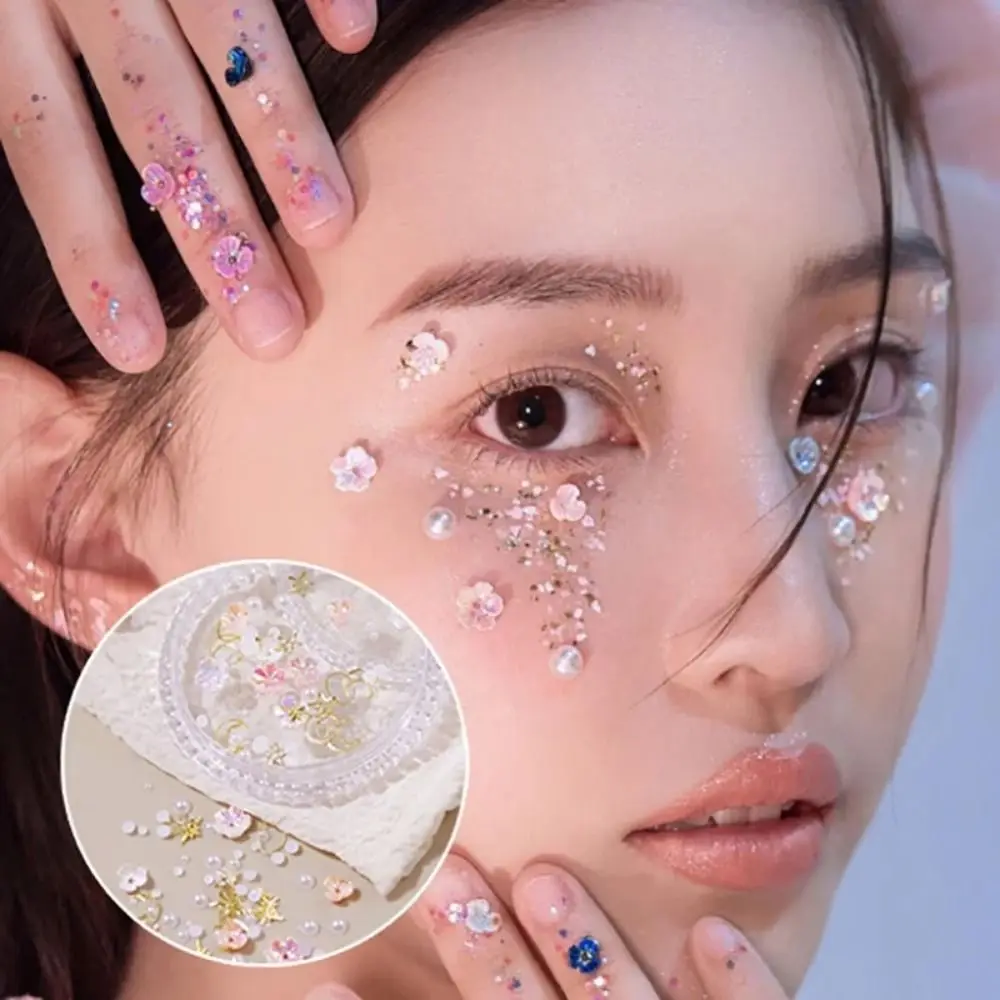 

1 Box Butterfly Face Makeup Decorative Patch Pearl Flower 3D Rhinestones Sticker Glitter Sequin Eyes Face Facial Sticker