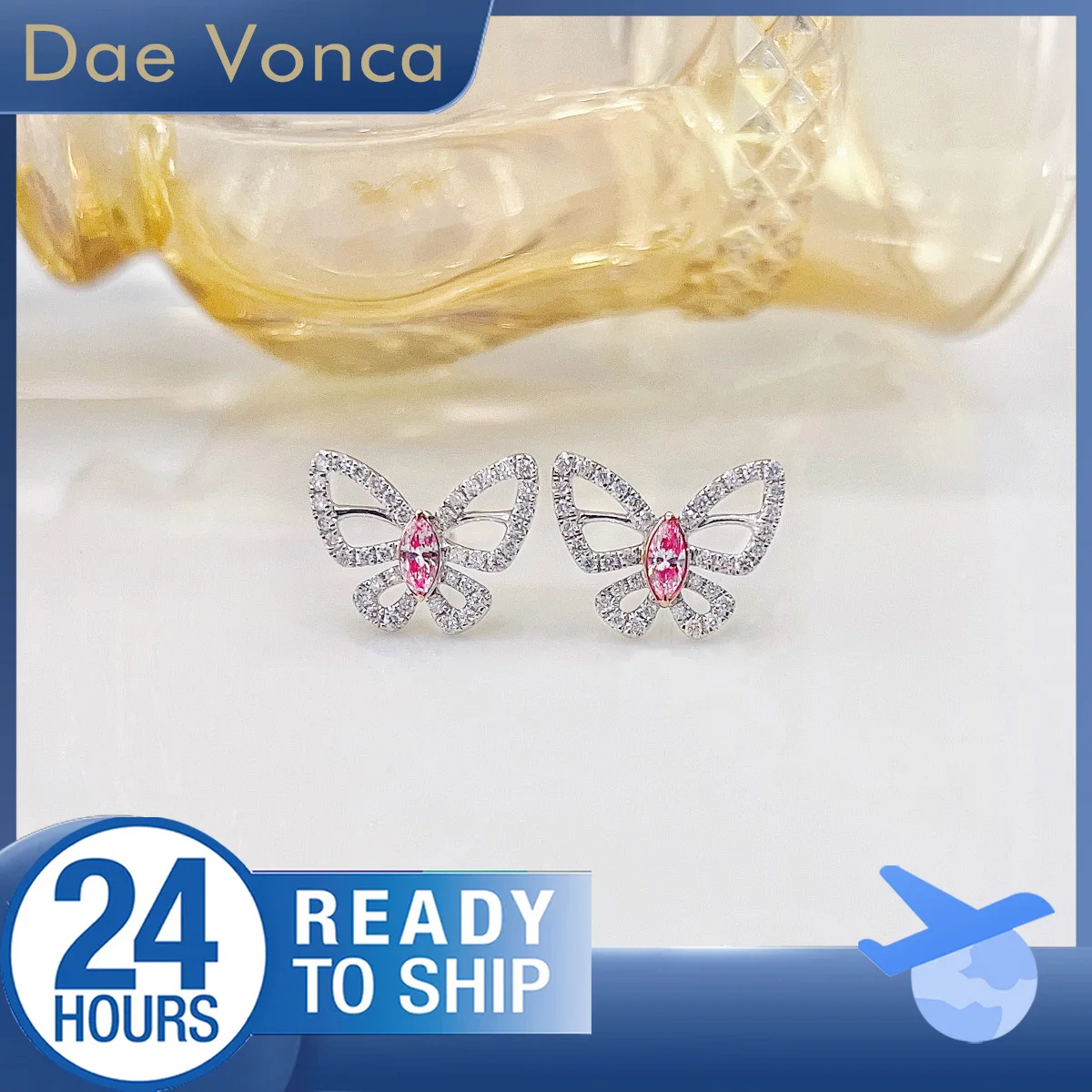 Butterfly Shaped 18K White Gold Natural Diamond Earrings Pink Marquise Natural Diamond Earrings Delicate OpenWork Stud Earrings