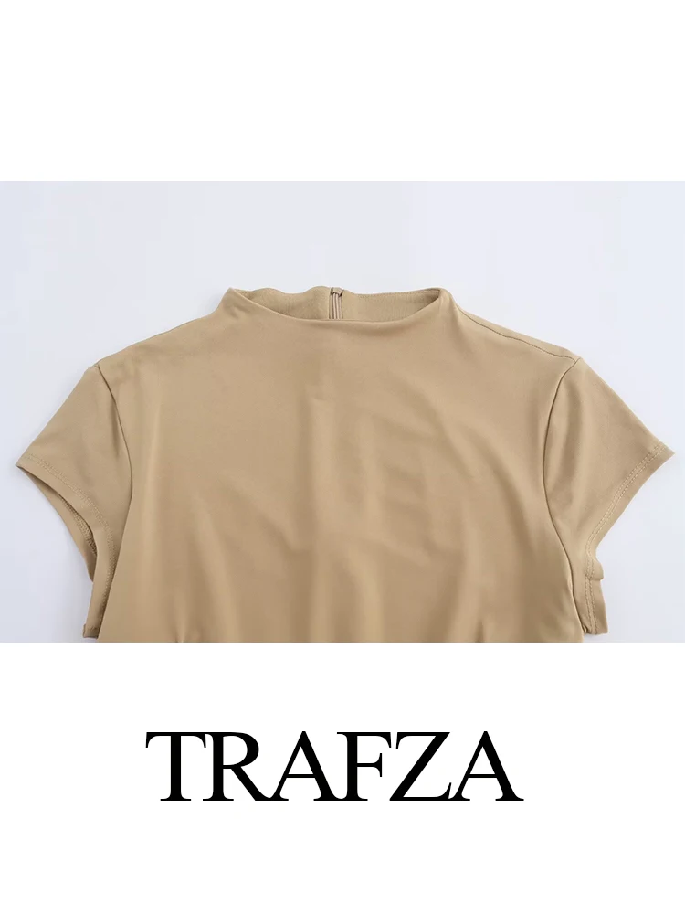 TRAFZA-Macacão curto de design chique feminino, monocromático, decoração em camadas, vestido fino, fêmea, plissado, rua alta, sexy, elegante