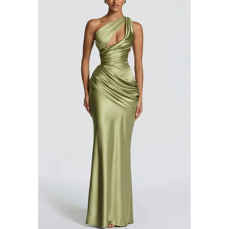 Women's satin sloping shoulder fashionable hollow out pleated waistband tie wrap with hip and fish tail dress