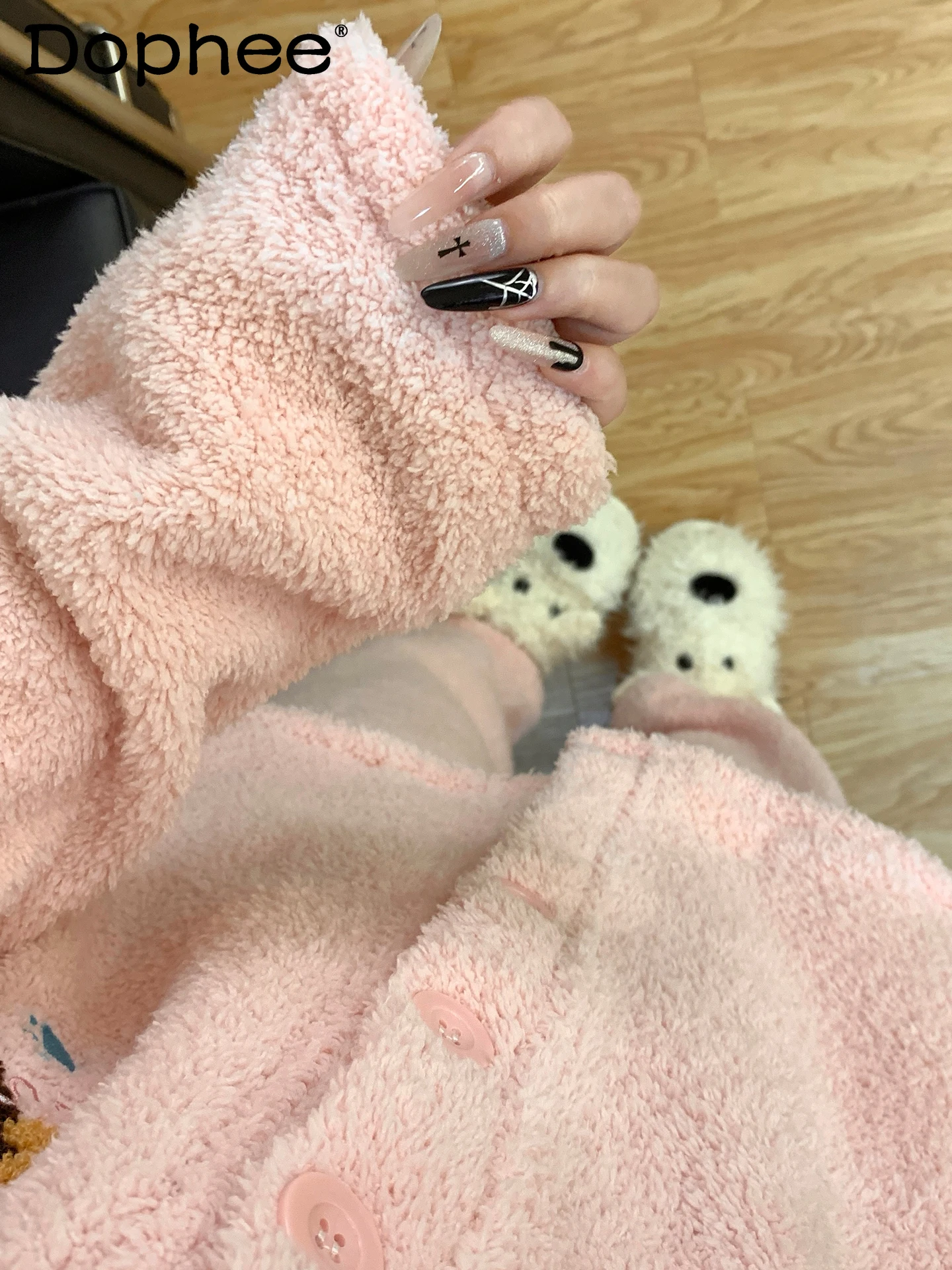 

Japanese Style Cute Cartoon Thin Velvet Long Sleeve Pajamas for Women Autumn 2025 Fleece Warm Thick Coral Fleece Homewear Set