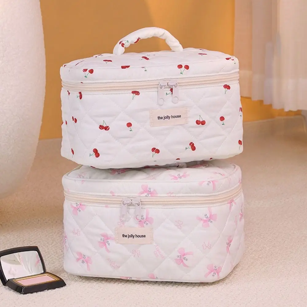 Creative Quilted Sewing Makeup Bag Cotton Bow Travel Toiletry Bag Zipper Large Capacity Handbag