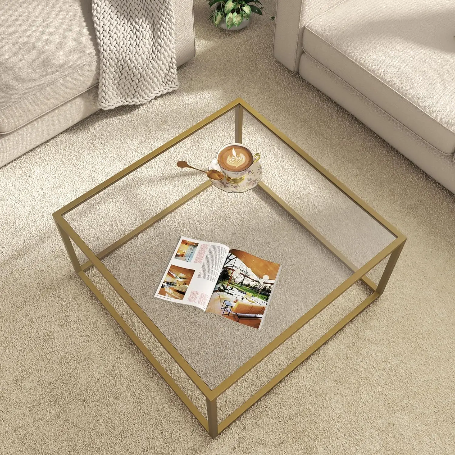 

Modern Square Glass Coffee Table for Living Room, Gold Minimalist Center Table with Sturdy Metal Frame, 26.7x26.7x17.7 Inches