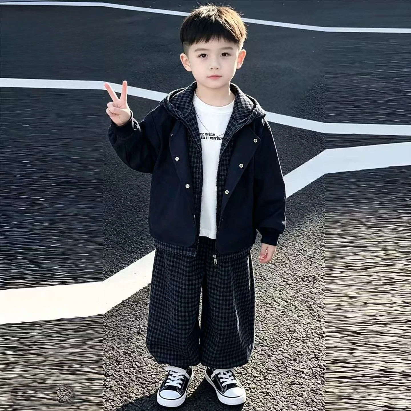 Boys Autumn Spring Set Plaid Pants Hooded Jacket Fashion Kids Clothing Toddler Cool Suit