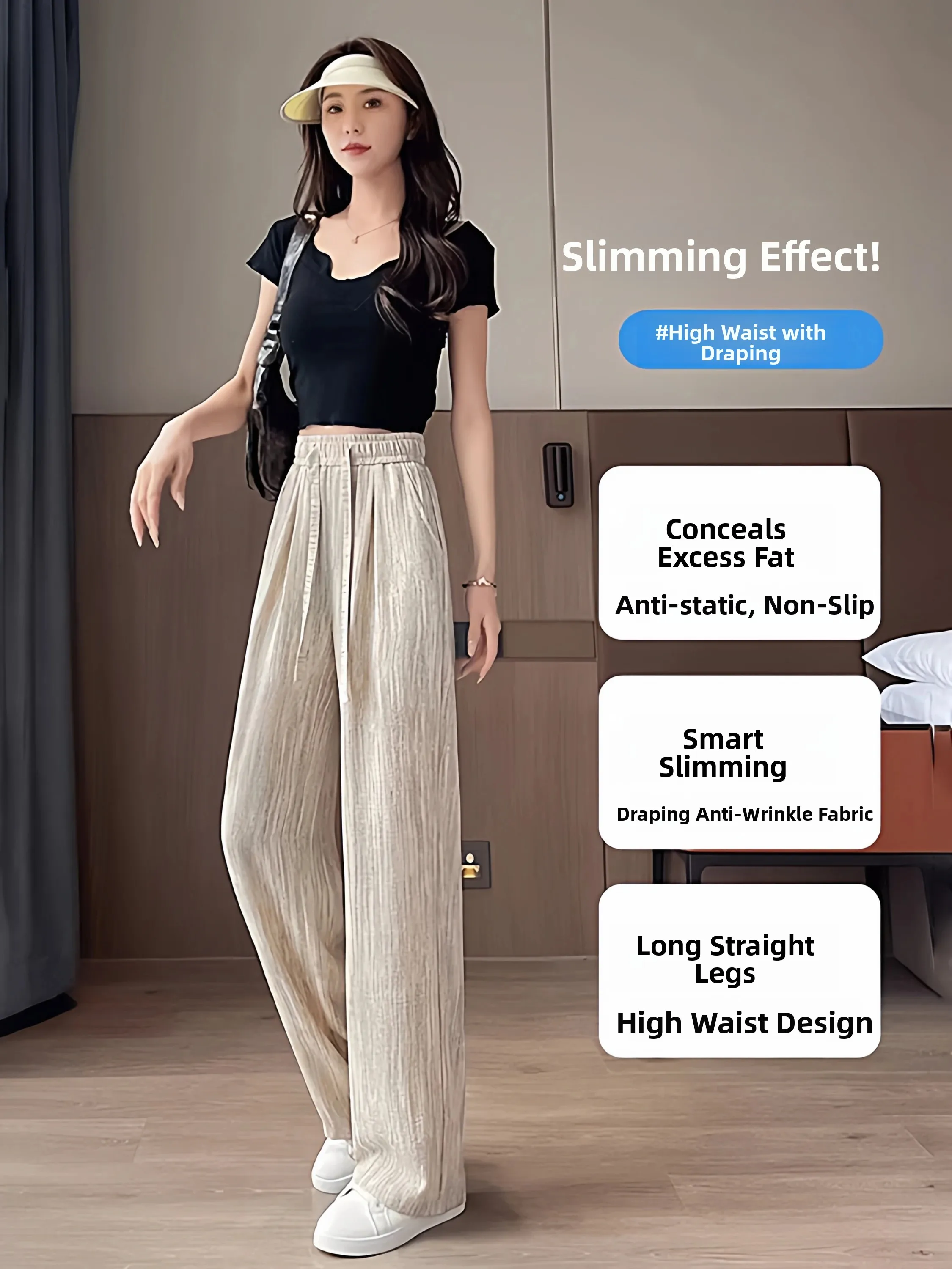 Summer Thin Wide Leg Pants Women's Cotton Linen Ice Silk Drapey Loose Fit Quick Dry Comfortable Large Size Casual Trousers