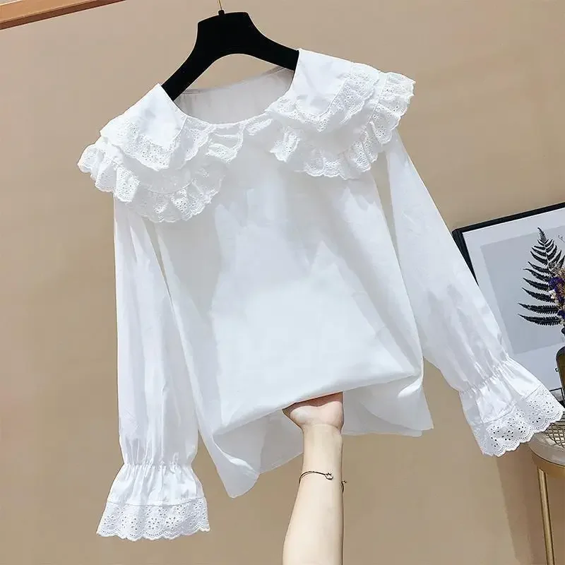 Lace Peter Pan Collar Shirt Spring  Summer White Summer Top Blouse Women Blusas Ropa De Mujer