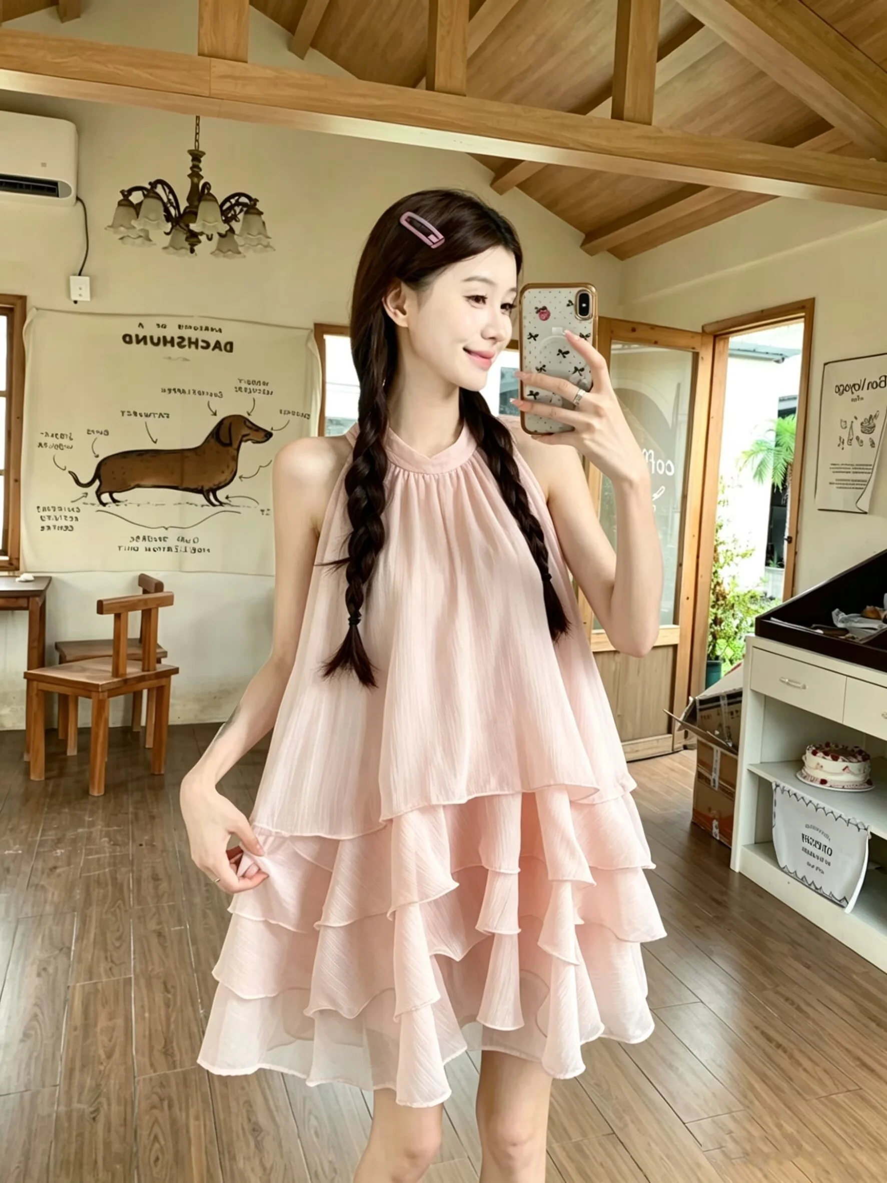 

Summer Casual Women's Dress And Shorts Set Pink Neck Hanging Ruffle Layered Skirted Top Slimming Loose Fit Fashion Ensemble