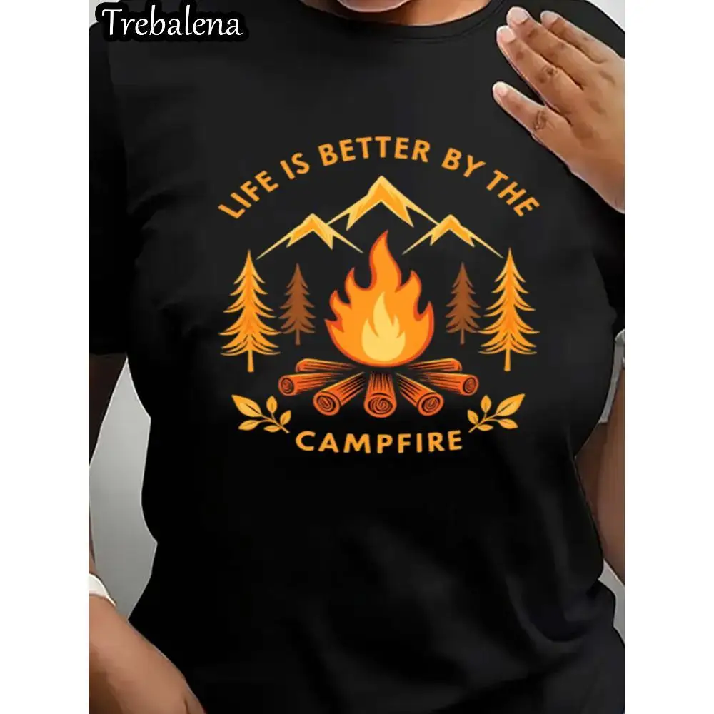 라운드 넥 티셔츠 100% 면 캠프파이어에서 더 나은 삶을 누리다 여성 플러스 사이즈 티셔츠 아웃도어 어드벤처 산악 스타일 티셔츠 반팔
