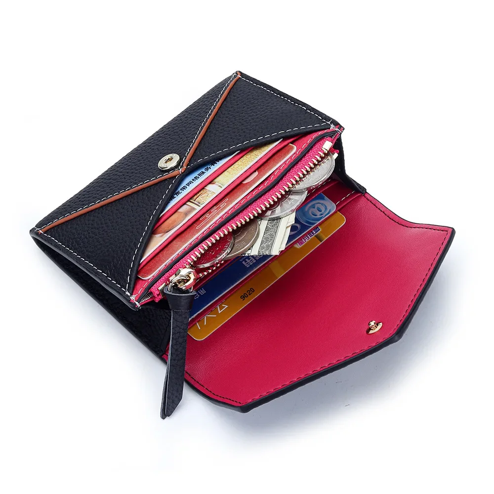 Short Envelope Wallets Genuine Leather Small Wallet for Women Credit Card Holder Compact Leather Hasp Purses with Zipper Pocket