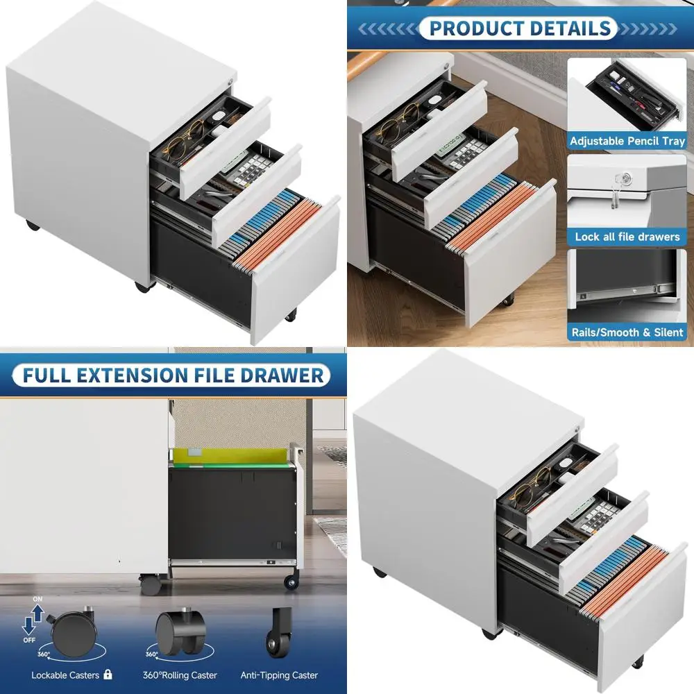 

3-Drawer Metal File Cabinet on Wheels, Under Desk Storage, Suitable for A4/Letter Files, White Hanging Folders