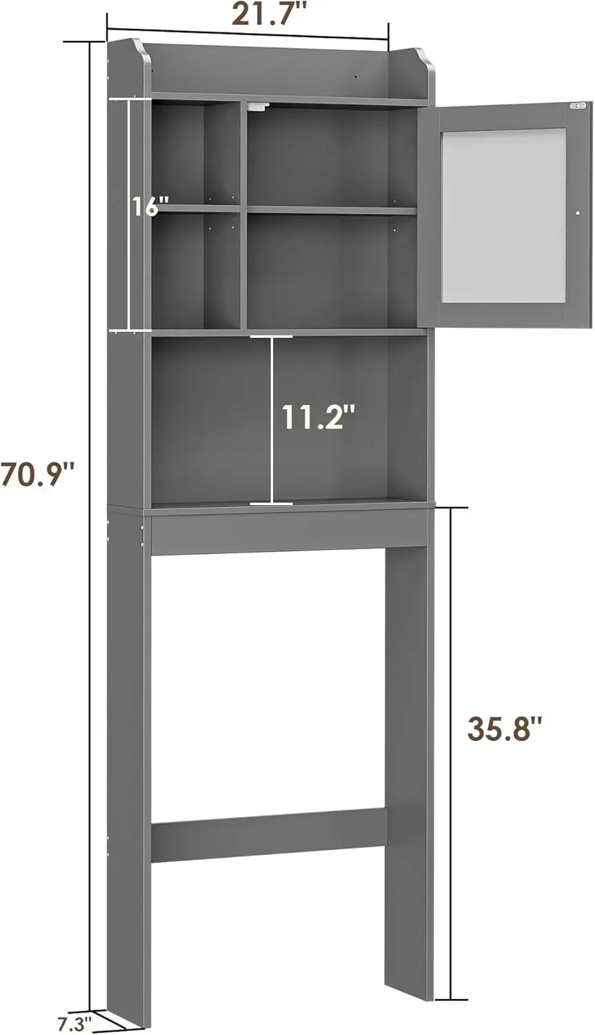 Over The Toilet Bathroom Storage Cabinet Freestanding Wooden Bathroom Organizer with Adjustable Shelves and Glass Door