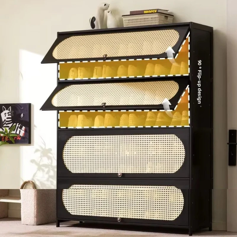 Light luxury flip up multi-layer shoe cabinet, rattan decorative door shoe cabinet, entrance cabinet, dust-proof storage cabinet