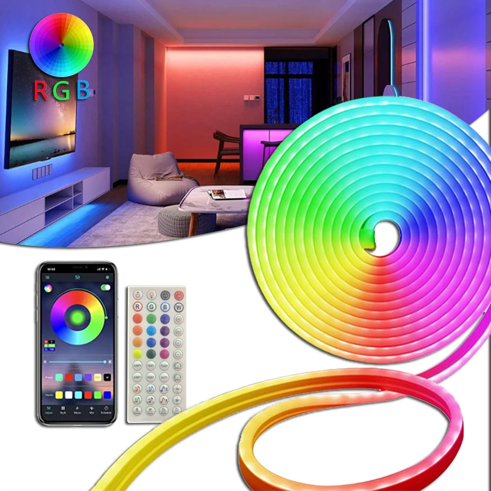 15m Smart LED Strip Neon Light RGB Bluetooth App Remote Control Waterproof Flexible Tube Tape Wall Room Backlight Outdoor Decor