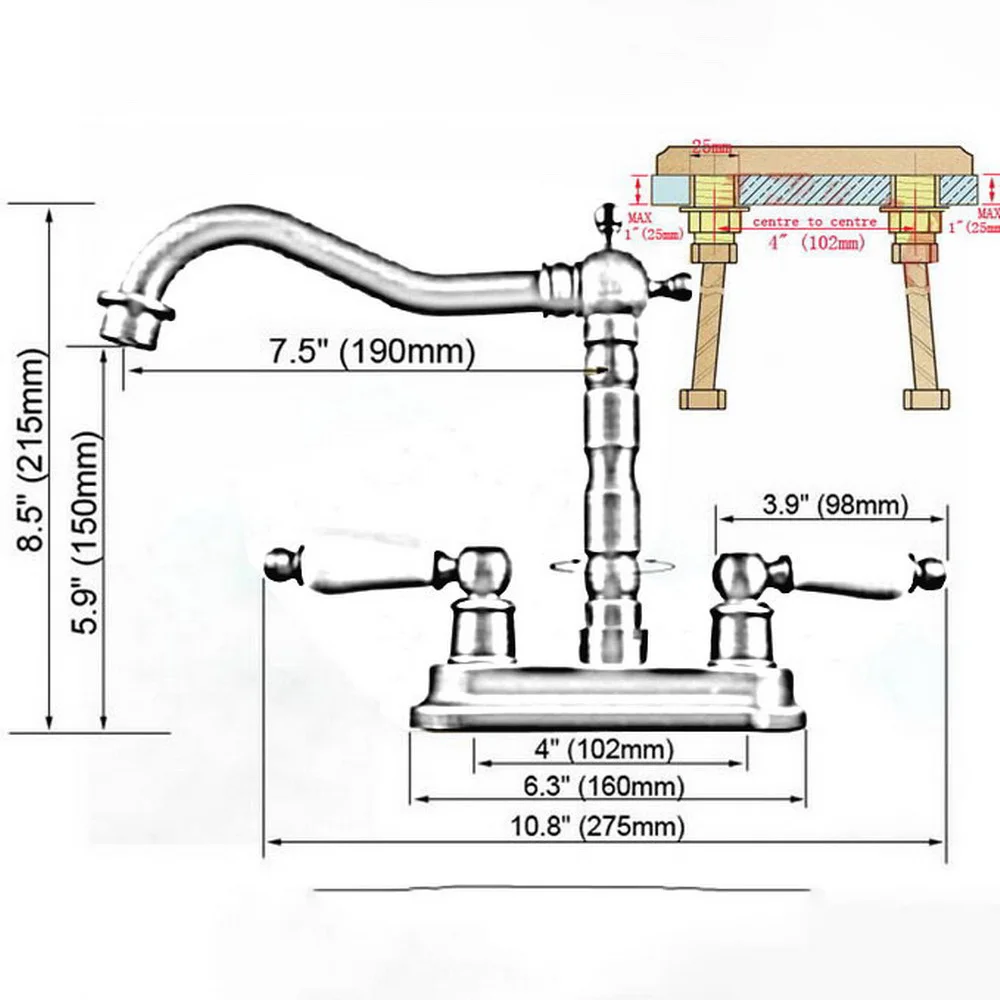 Antique Brass 4" Centerset Bathroom Sink Faucet Swivel Basin Mixer Tap Dual Ceramic Handles Levers man065 image 2