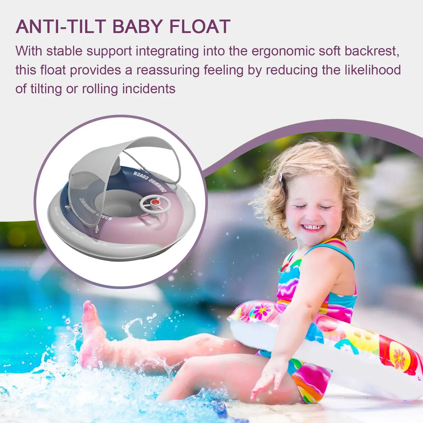 Toddler Pool Float Inflatable Sun Protection Baby Canopy Pool Float Ergonomic Backrest Design Floating Seat Toys For Girls Bath