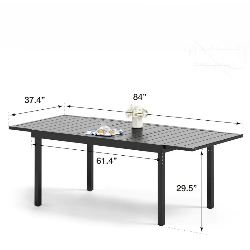 ميزات فريدة من نوعها طاولة لـ 6-8 أشخاص لحديقة الحديقة بيسترو طاولة مستطيلة سوداء قابلة للتوسيع طاولات طعام للفناء معدنية خارجية جديدة #3