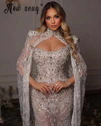 Vestido de noche largo de lujo para novia, traje blanco con mangas de capa, encaje de sirena, cuentas, Dubái, fiesta de boda, 2024