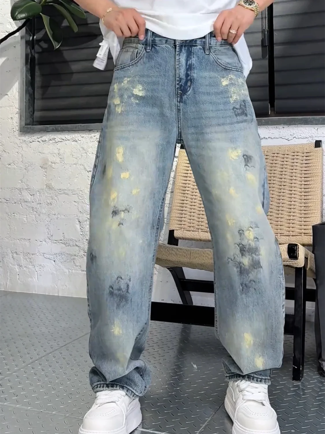 

Spring Men's High Street Style Splashed Ink Hand Drawn Design Jeans Washed Lightweight Wide Leg Pants Versatile Fashionable