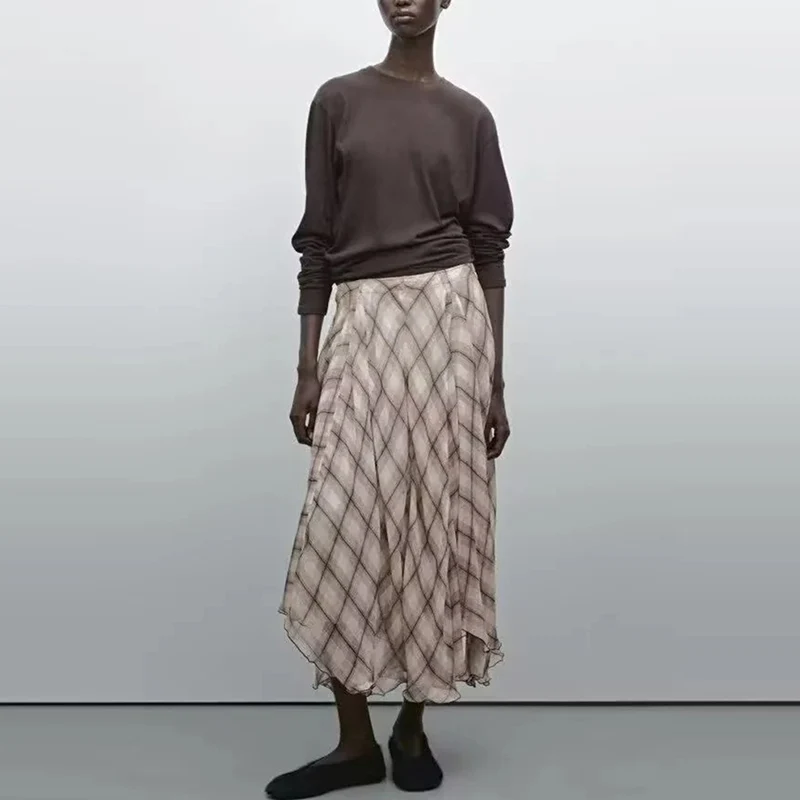 Fashionable Checks MD Women's Spring 2025 New Style Semi-skirt with Flowing Drape Korean Style Irregular Polyester Fiber