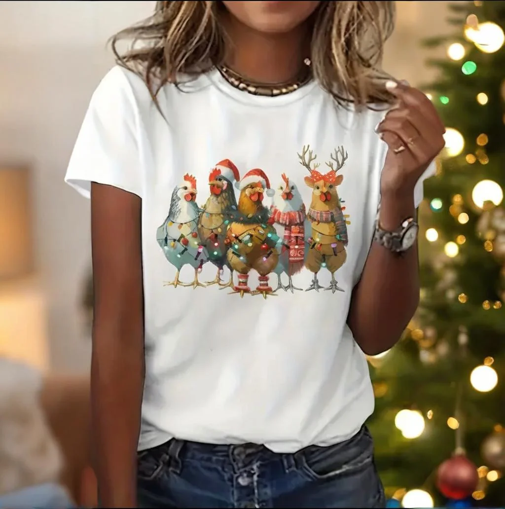 Animal Christmas Hen Printed Women's T-Shirts Summer Round Neck Short Sleeve 2024 Fashions Party Clothing Casual Oversize Tops