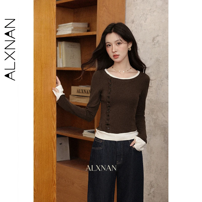 ALXNAN T-shirt marrone Falso patchwork in due pezzi T-shirt a maniche lunghe da donna 2025 Autunno Cotone Office Lady Slim-fit Top L57310