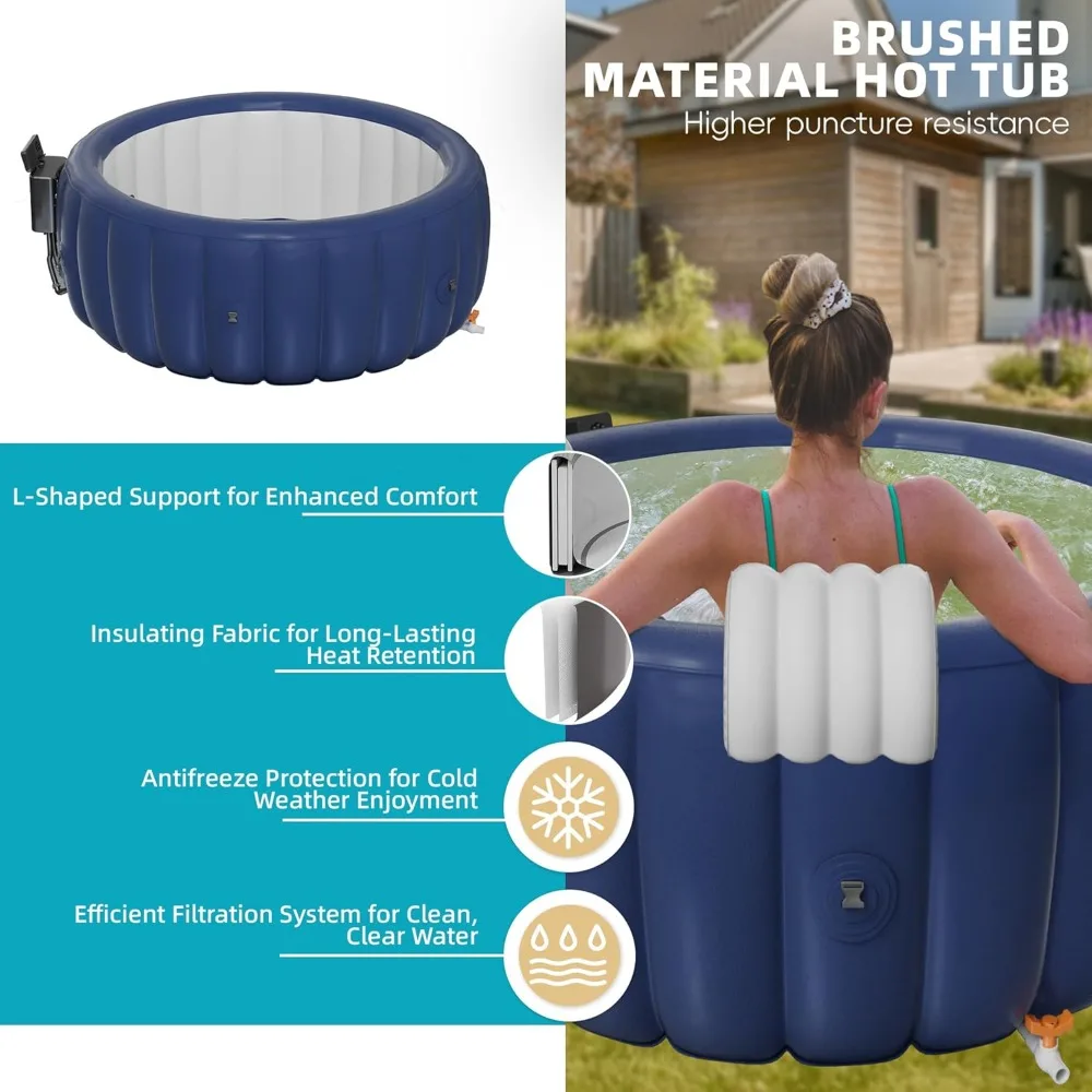 Nadmuchiwana wanna z hydromasażem dla 2–4 osób, przenośne spa na świeżym powietrzu z 146 łagodzącymi dyszami powietrznymi (73" x 28"), przenośna wanna z hydromasażem z pokrywą