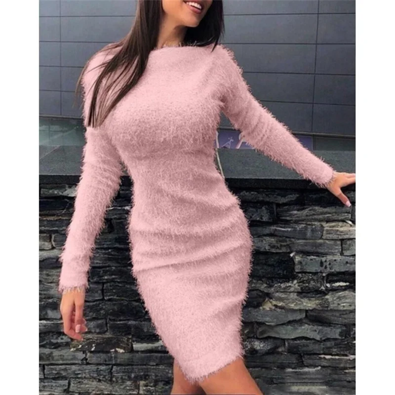 Lady Sexy Dress Slim Fit Long Sleeve Solid Color Wool Skirt Sexy Bodycom Women Plush Dress Elegant Casual Knitted Dress