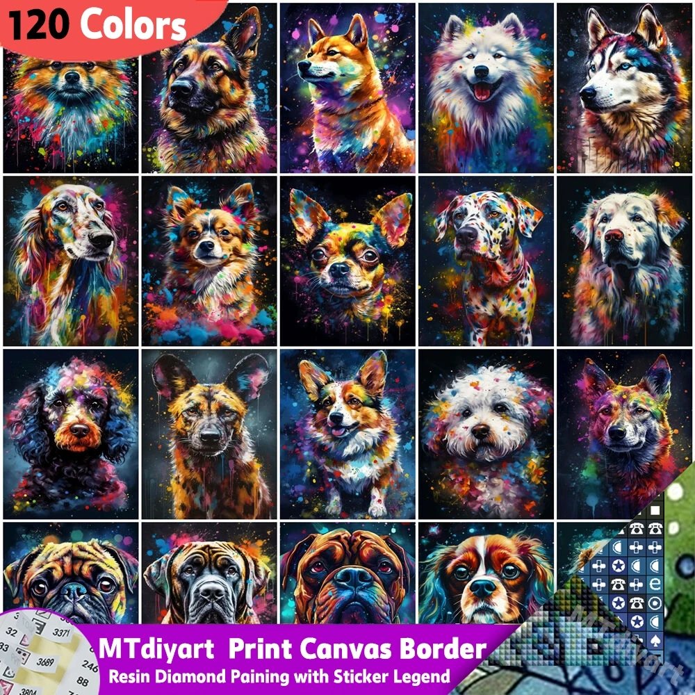 120 Colors Resin Printed Canvas Border Diamond Painting Symbol Stickers Rainbow Splash Dog Puppy Portrait Full Drill Pet Craft