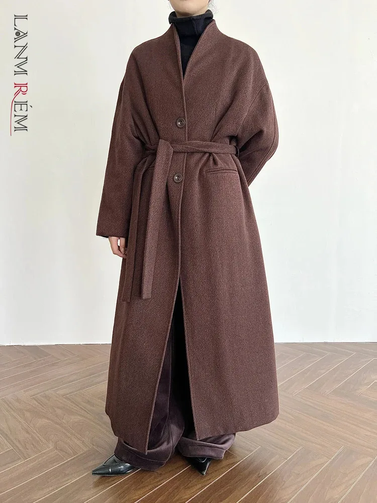 [LANMREM] Elegant Wool Warm Coats For Women Belt Gathered Waist Long Outwear Office Lady Clothes 2024 Winter New 26C1036