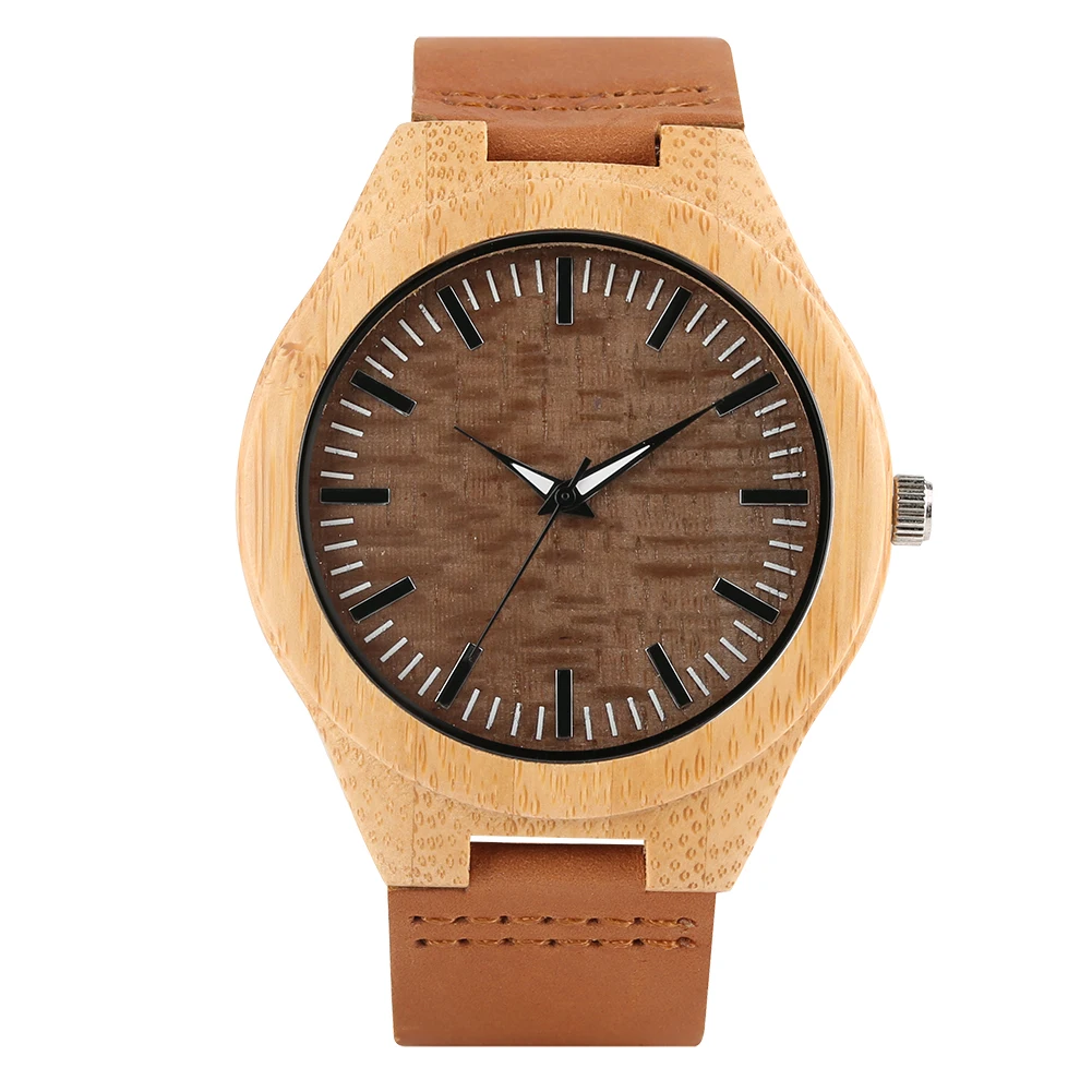 Coffee Brown Minimalist Scale Dial Bamboo Quartz Watch Men Women Pin Buckle Genuine Leather Band Male Wristwatch Casual Fashion