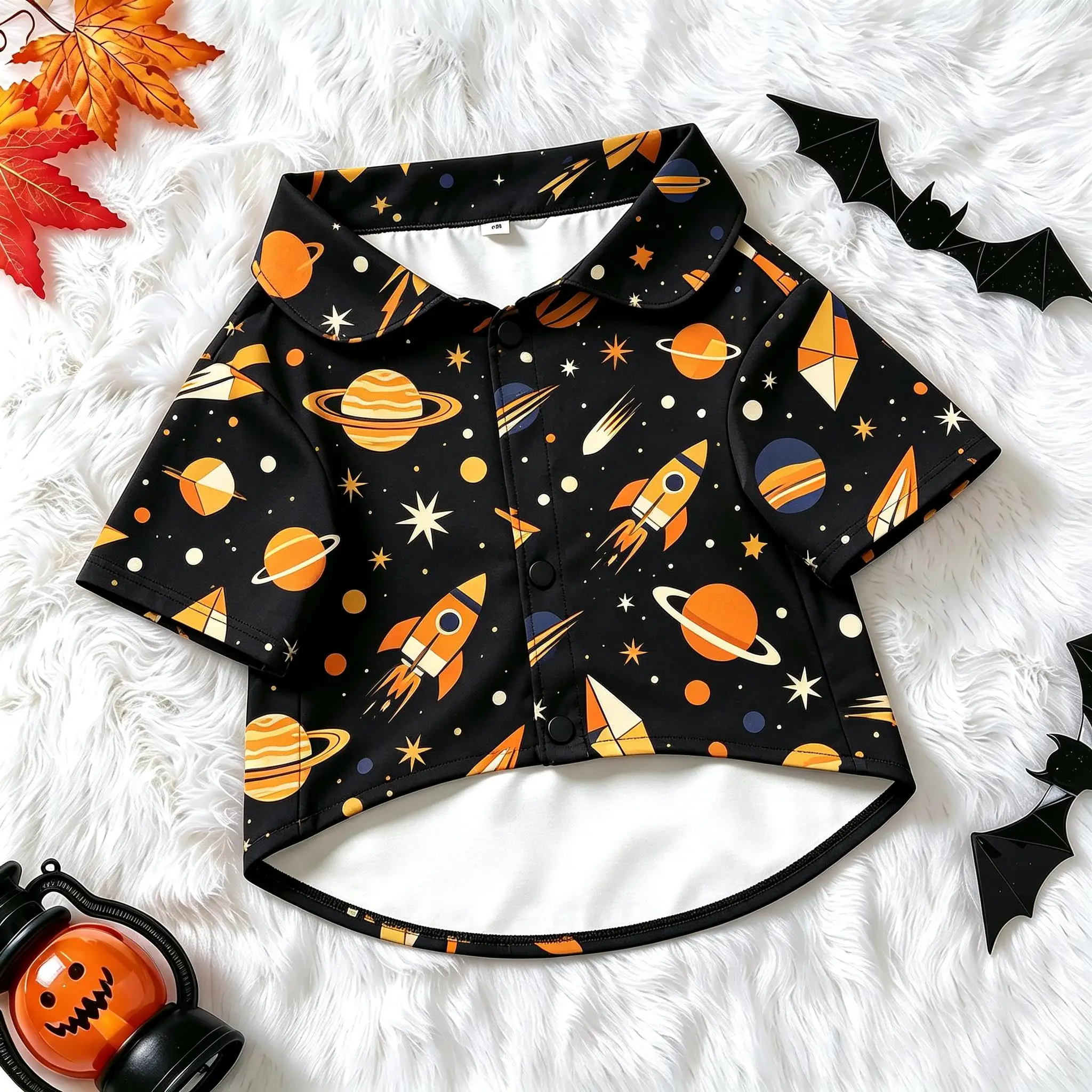 Pet Dog Shirt Orange Rocket Planets Space Print Breathable Button Up for Small Medium Dogs Cartoon Astronomy Theme Daily Wear